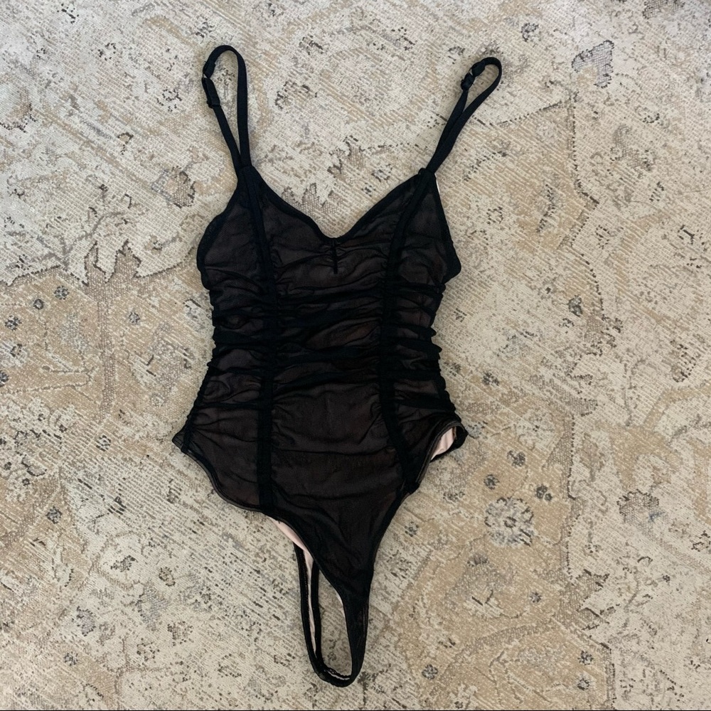 Urban outfitters ruched mesh black bodysuit